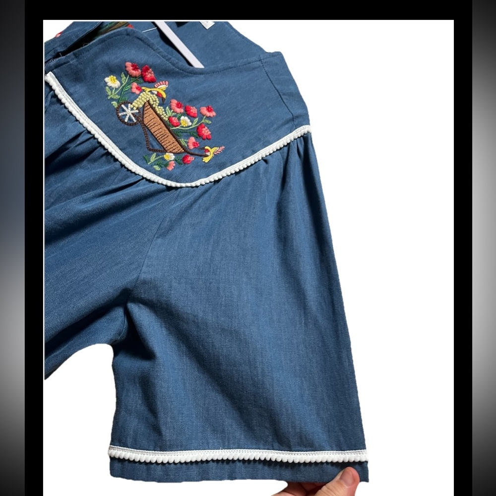Go Softly Patio Dress Women's M MuuMuu bird Embroidered Chambray Blue Denim NEW - Picture 5 of 13